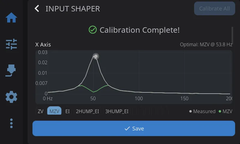 Input shaper frequency response graph with calibration data