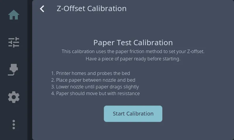 Z-offset calibration panel showing the four-step paper test method
