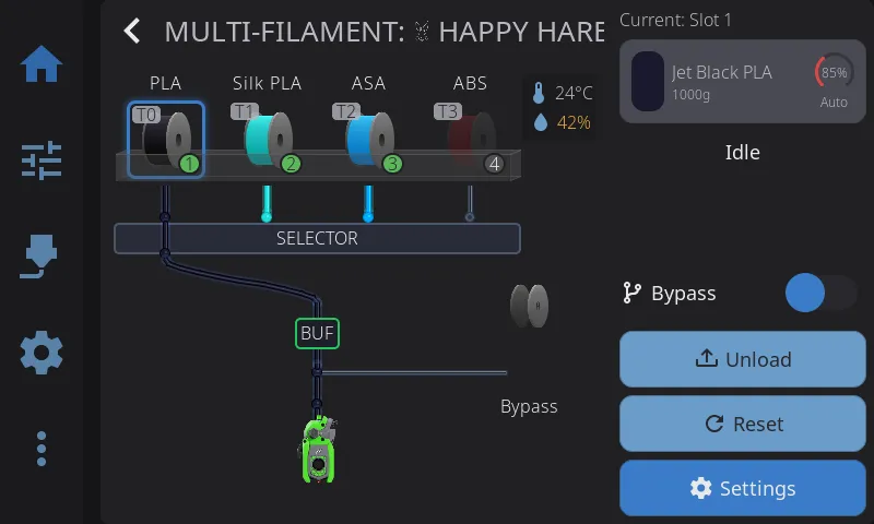AMS multi-material panel with filament slots and status