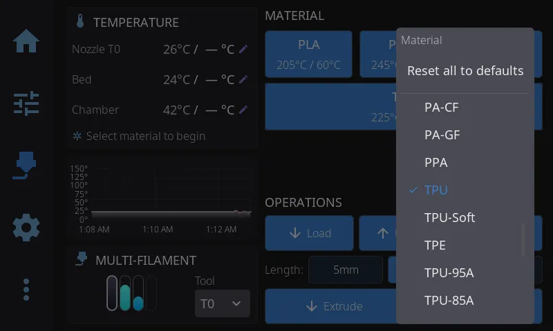 Choosing a filament type for a preset button