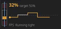Filament Buffer widget at 2x1: slider, 32% target 50%, a one-minute trace line, FPS Running tight