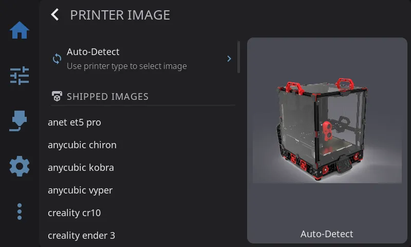 Printer image picker — scrollable list on left, live preview on right