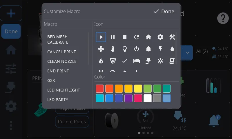 Macro picker — select from available Klipper macros