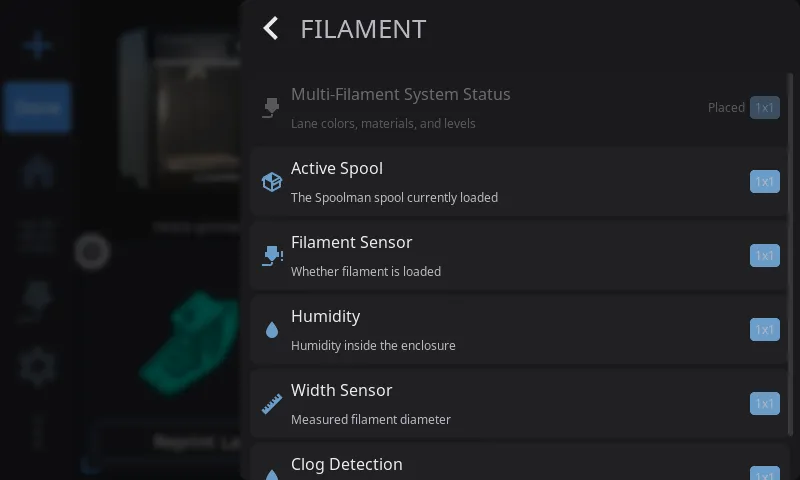 Inside a category - widget rows with size badges and dimmed “Placed” entries