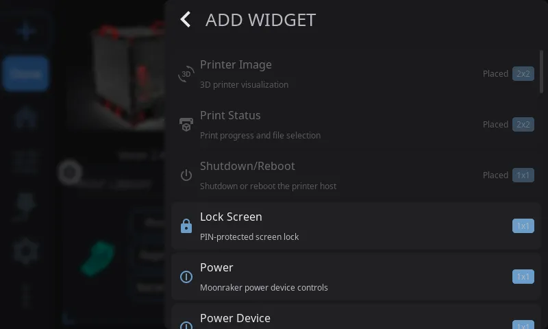 Widget Catalog — scrollable list with size badges and dimmed "Placed" entries