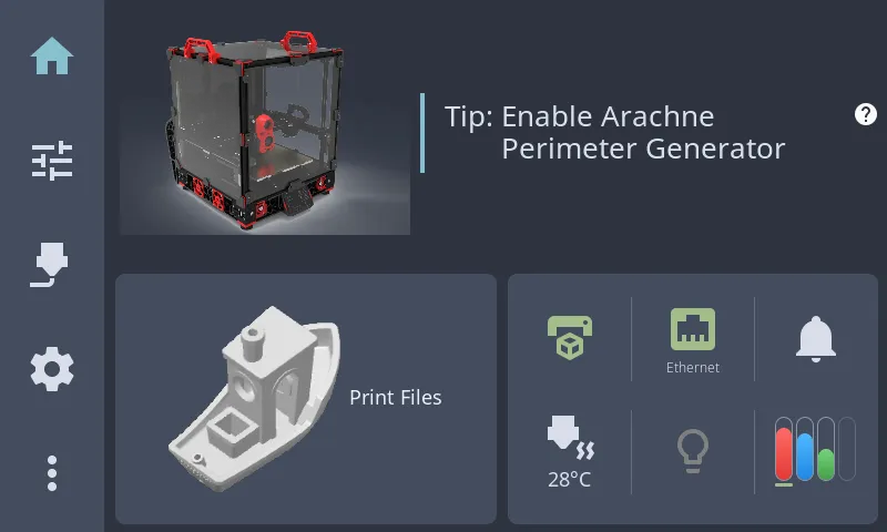 HelixScreen home panel showing printer status at a glance