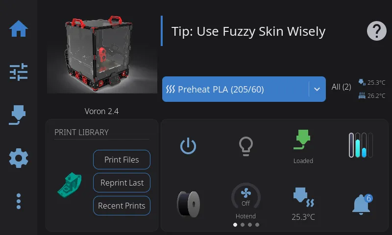 HelixScreen home panel showing printer status at a glance