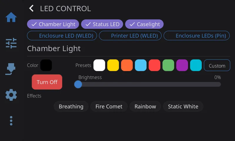 LED control panel with light zone toggles, color presets, brightness slider, and effects