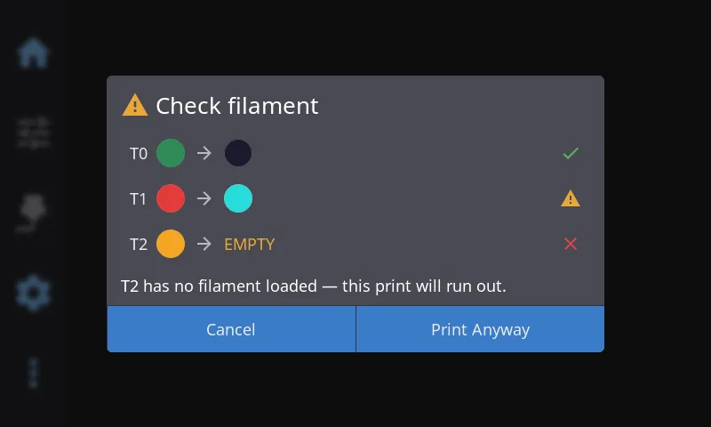 Check filament dialog