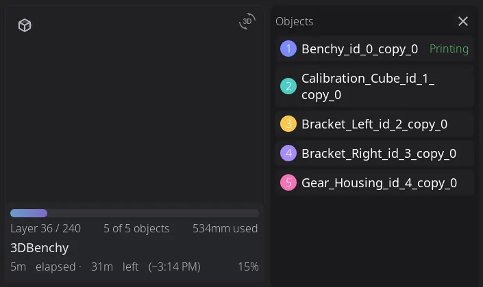 The Objects list slides in beside the G-code viewer