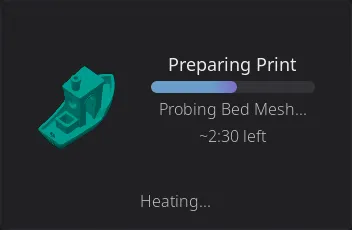 The Print Status widget during pre-print: current step, progress bar and ETA