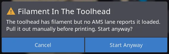 The Filament In The Toolhead dialog