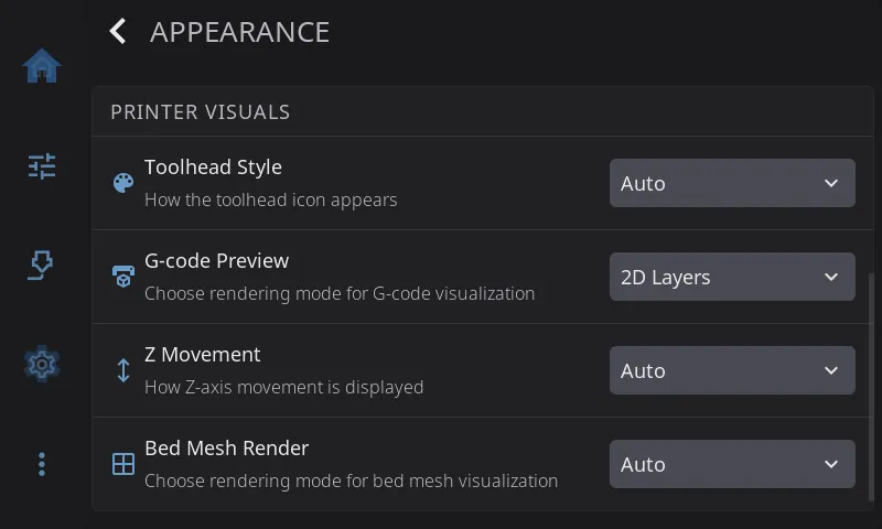 Appearance settings, scrolled to Printer Visuals