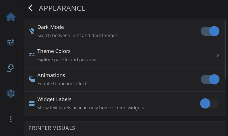 Appearance settings, top of the page