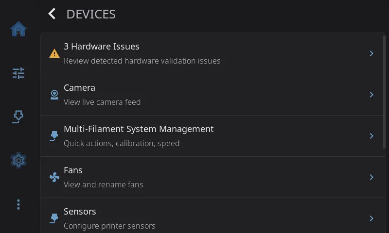 Devices settings, top of the page