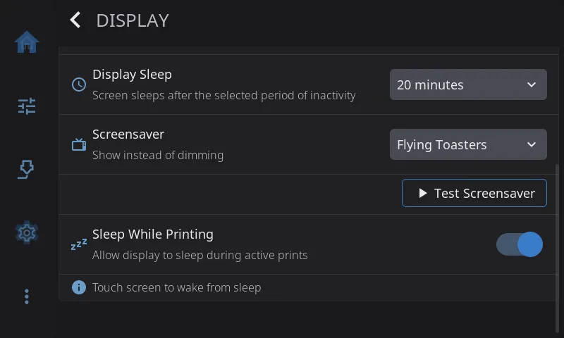 Display settings, scrolled to the screensaver rows