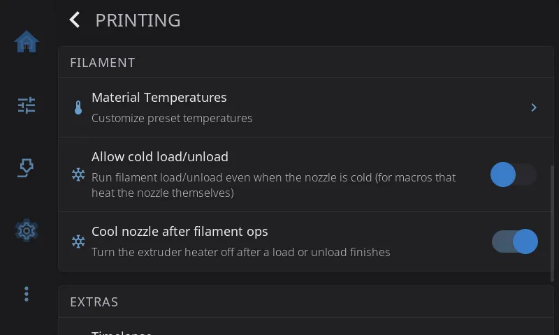Printing settings, the Filament section