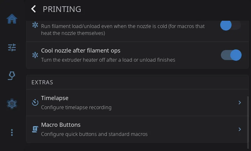 Printing settings, the Extras section