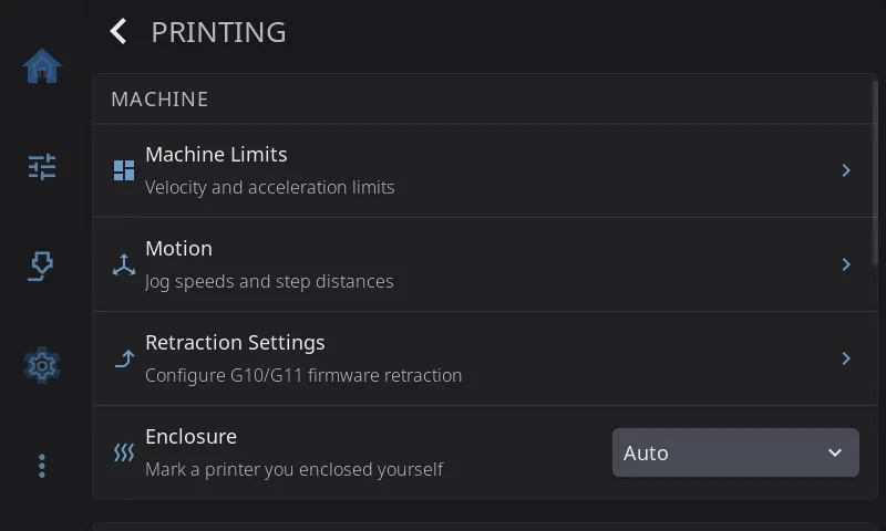 Printing settings, the Machine section