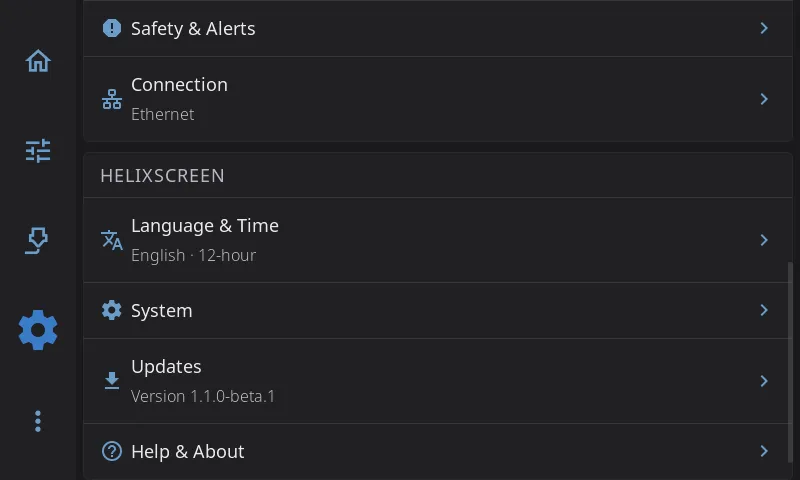 The Settings screen, HelixScreen group
