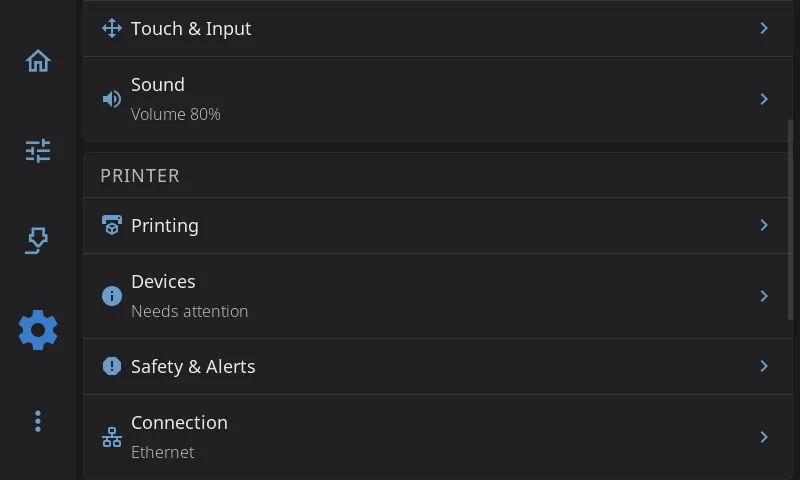 The Settings screen, Printer group