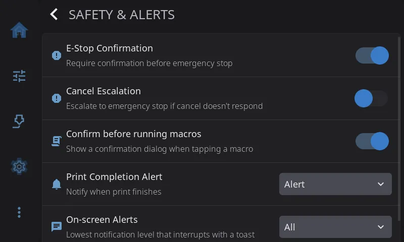 Safety & Alerts settings, top of the page