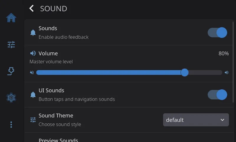 Sound settings, top of the page
