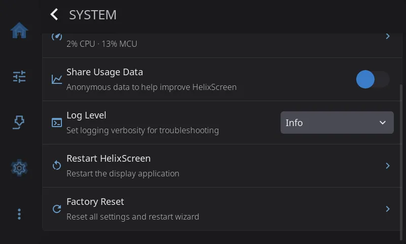 System settings, scrolled to the bottom