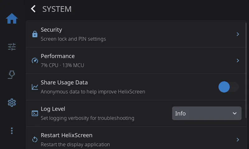 System settings, top of the page