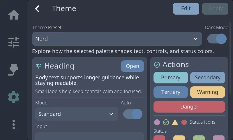 Theme selector showing 16 color themes with dark and light variants