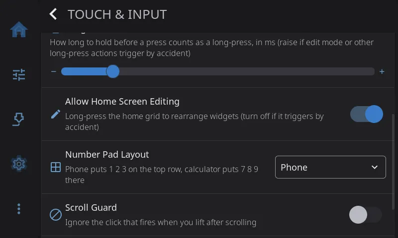 Touch & Input settings, scrolled to the bottom